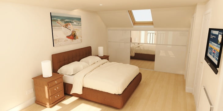 3D simulated image - full rear dormer conversion with Velux windows and bespoke Paramount sliding wardrobe doors